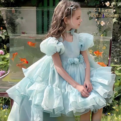 Blue Tulle Gown  Girls' Bow Party Dress Girls' Formal Wear Flower Girl Dress Girls' Princess Dress