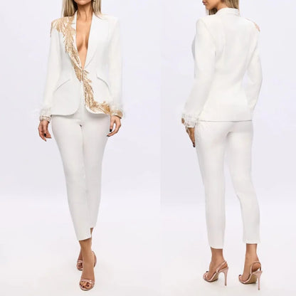 Women's Dresses Suit Gowns Elegant Peaked Lapel Appliques Jacket Coat And Pants For Female Satin 2 Pieces Suit Customized W75