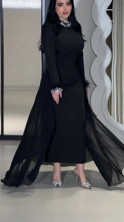 customized Vintage Long Sleeves Prom Dresses High Neck Ankle Length Pleated Beadings Feathers Party Gowns Evening Dresses