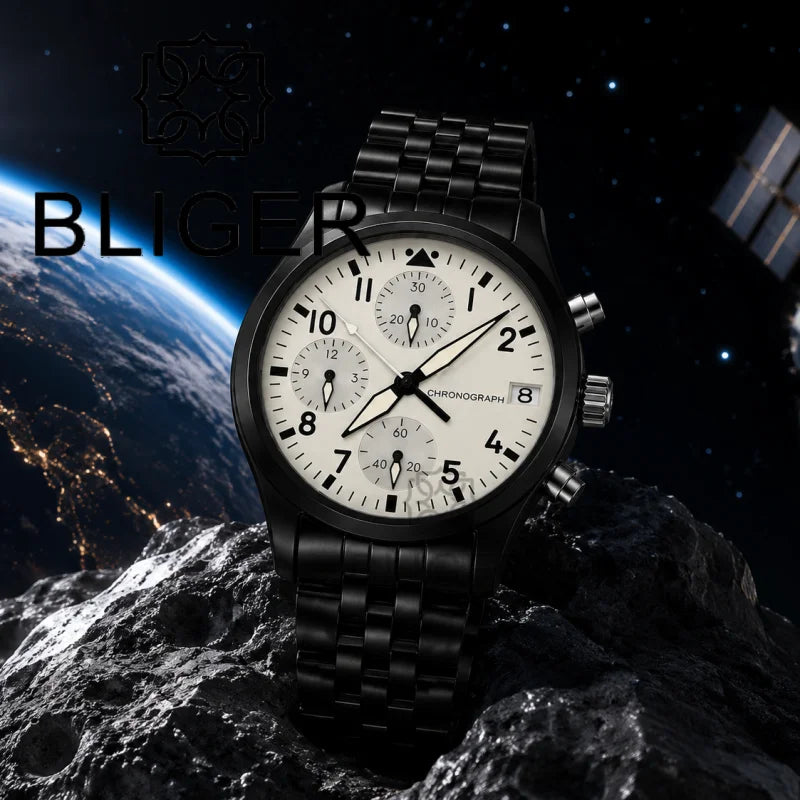 BLIGER Full Black Brushed 38mm VK67 Quartz Aviator Chronograph Watch For Men Domed Sapphire Glass Luminous Dial Waterproof Date