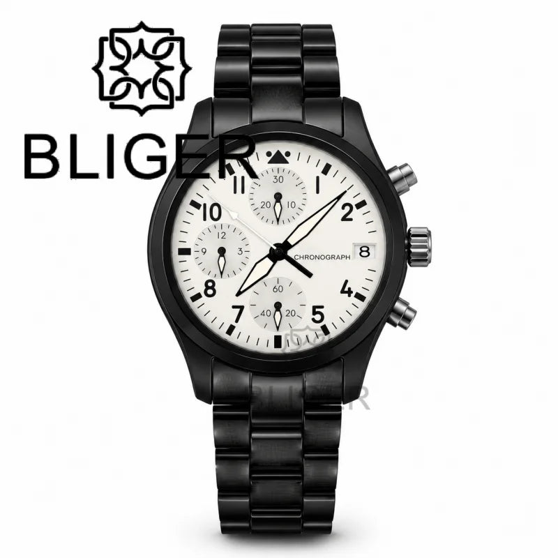 BLIGER Full Black Brushed 38mm VK67 Quartz Aviator Chronograph Watch For Men Domed Sapphire Glass Luminous Dial Waterproof Date
