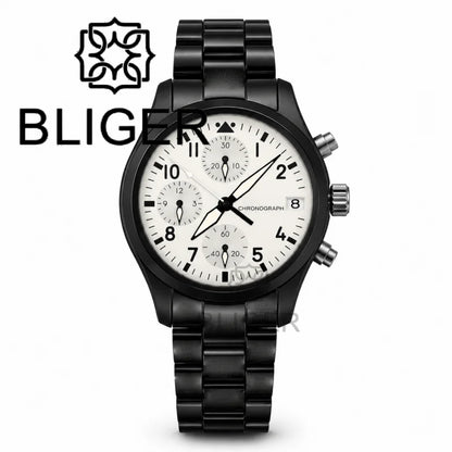 BLIGER Full Black Brushed 38mm VK67 Quartz Aviator Chronograph Watch For Men Domed Sapphire Glass Luminous Dial Waterproof Date