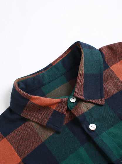 Men's Retro Orange Green Plaid Flannel Shirt Spring Fall Loose Casual Button-Down Jacket
