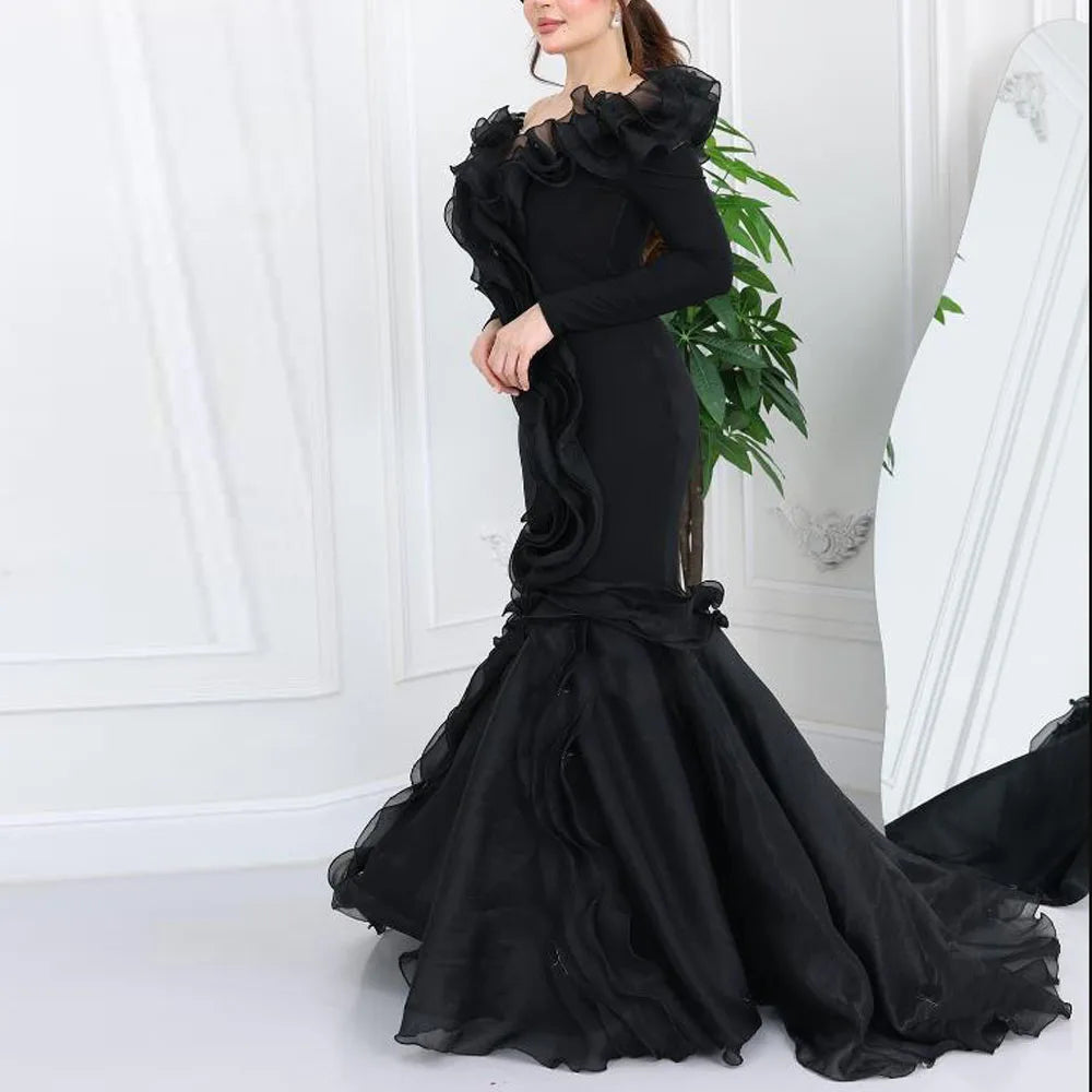 Customized Ruffles Mermaid Evening Dress فساتين سهرة V Neck Full Sleeve Engagement Gown فستان سهرة نسائي