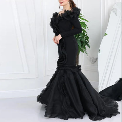 Customized Ruffles Mermaid Evening Dress فساتين سهرة V Neck Full Sleeve Engagement Gown فستان سهرة نسائي