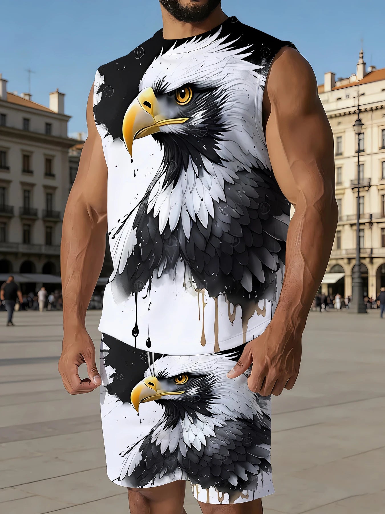 Men's Basic Ribbed Tank Top and Shorts Set Stretchy Polyester Casual Two Piece Set US Size