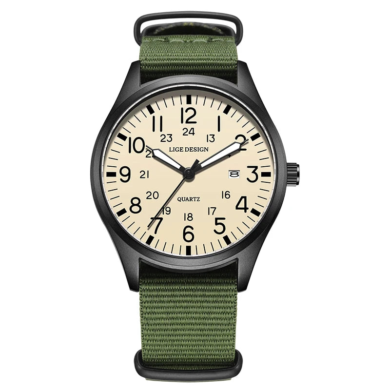 LIGE 2025 TOP NEW quartz wristwatch Arabic Watch for Men Luminous Green Nylon Luxury Leather Wrist Men Watch Montre Homme+BOX