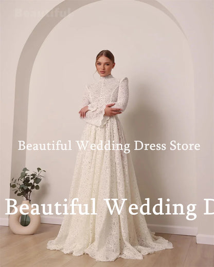 Allure Bridals Wedding Dress Lace High Neck Long Sleeves A-Line Floor-Length Bridal Dress Vestidos de novia Arab Robes de mariée