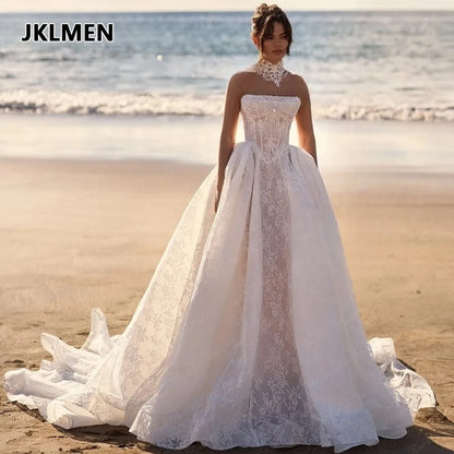 Sweetheart Wedding Gown for Bride Sleeveless A-line Backless Lace Appliques Tulle Customized Plus Size