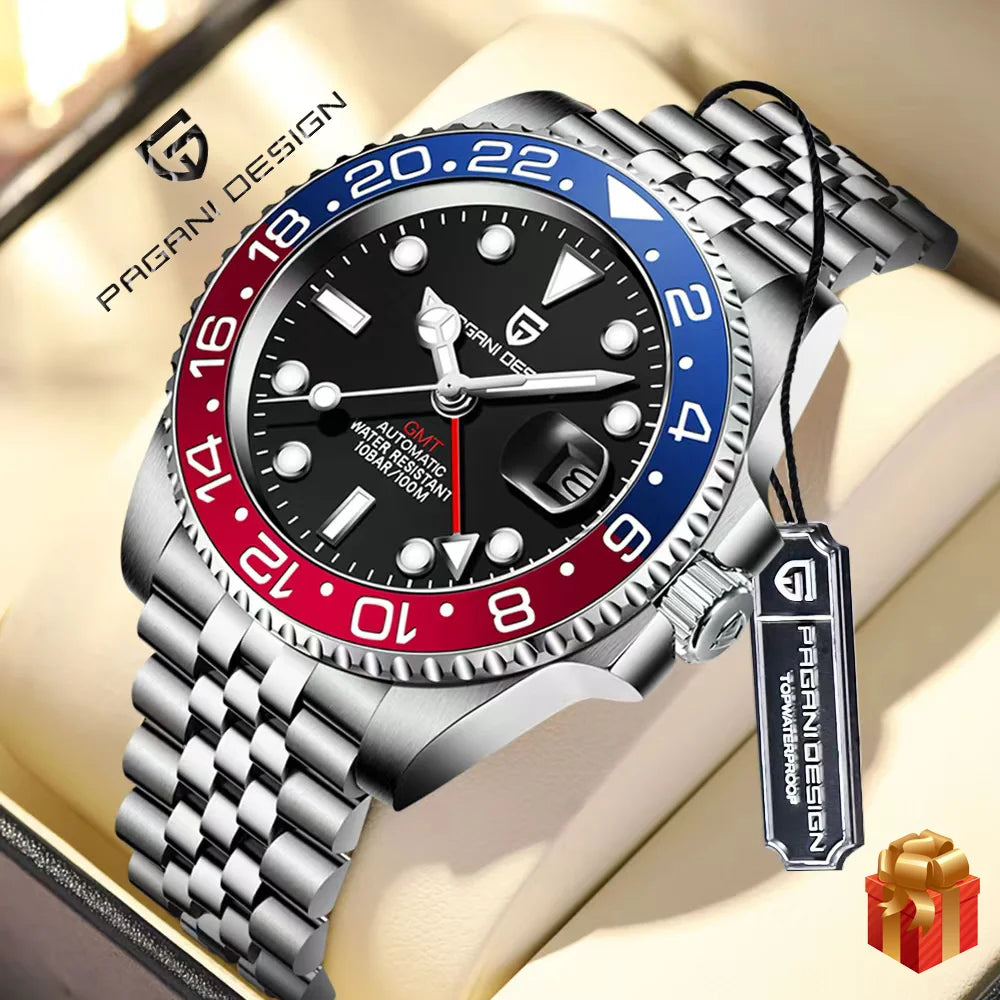 New PAGANI DESIGN GMT Watch Men's Luxury Sapphire Automatic Mechanical Watch 40MM Stainless Steel Waterproof Gift Box Watch