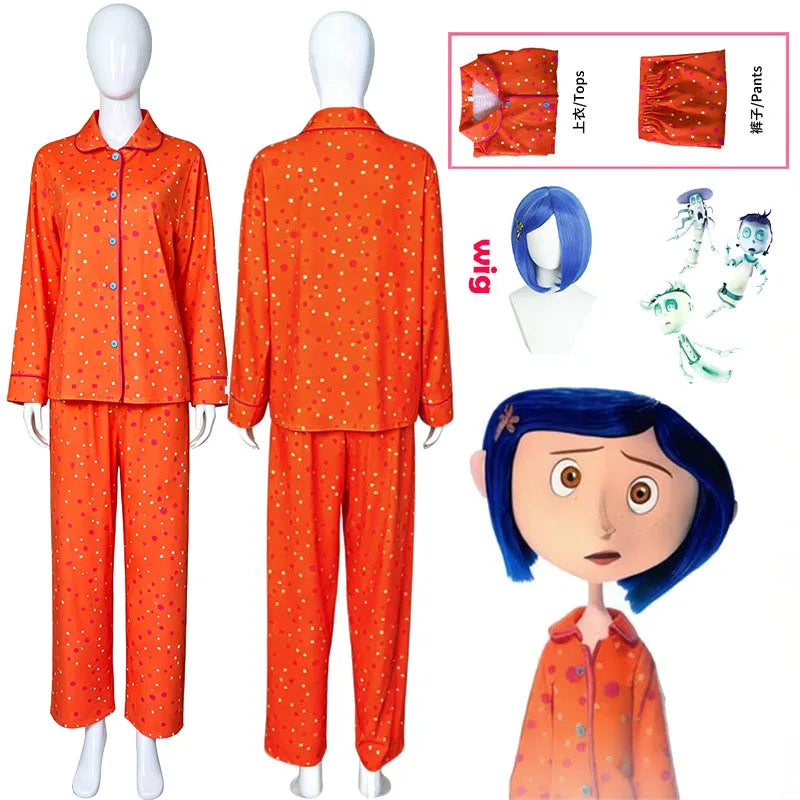 Movie Coraline Cosplay Pajamas Costume Orange Polka Dot Button-Up Loungewear Nice Stitching Set For Halloween Performance Restor