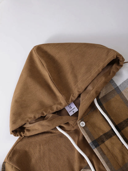Men's Autumnal Hooded Set with Plaid Patchwork Jacket Drawstring Trousers Trendy Three-Piece Ensemble