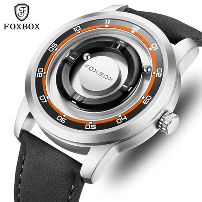 FOXBOX Magnetic Driven Watch Fashion Waterproof Quartz Wristwatch Rolling Steel Ball Pointer Sports Watches Military Clock+Box