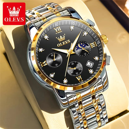 OLEVS Popular men's watches stainless steel black Moon Phase Chronograph quartz watch for man date Original brand wristwatch
