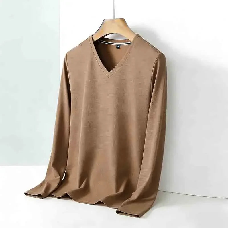 All-season Men's Light Gray V-neck Long Sleeve Knitwear Comfortable Casual Pullover for All Occasions