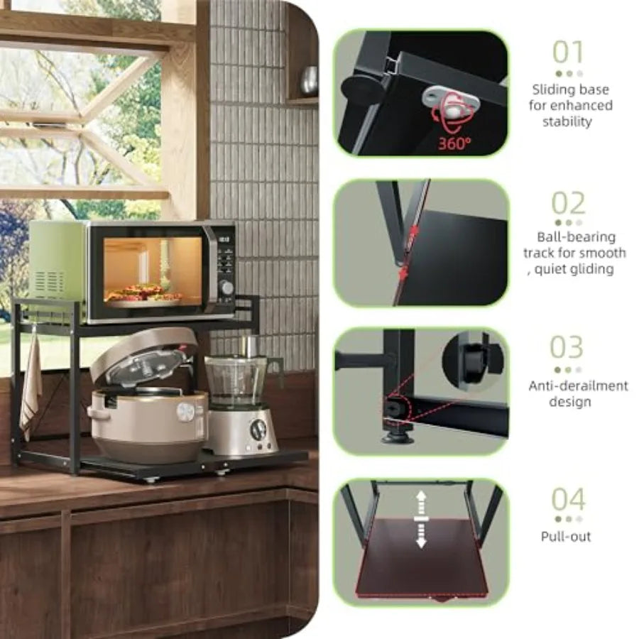 Expandable Microwave Stand, Metal Kitchen Countertop Organizer Shelves with 8 Hooks, Bakers Rack, Pull-Out Microwave Shelf, 55l