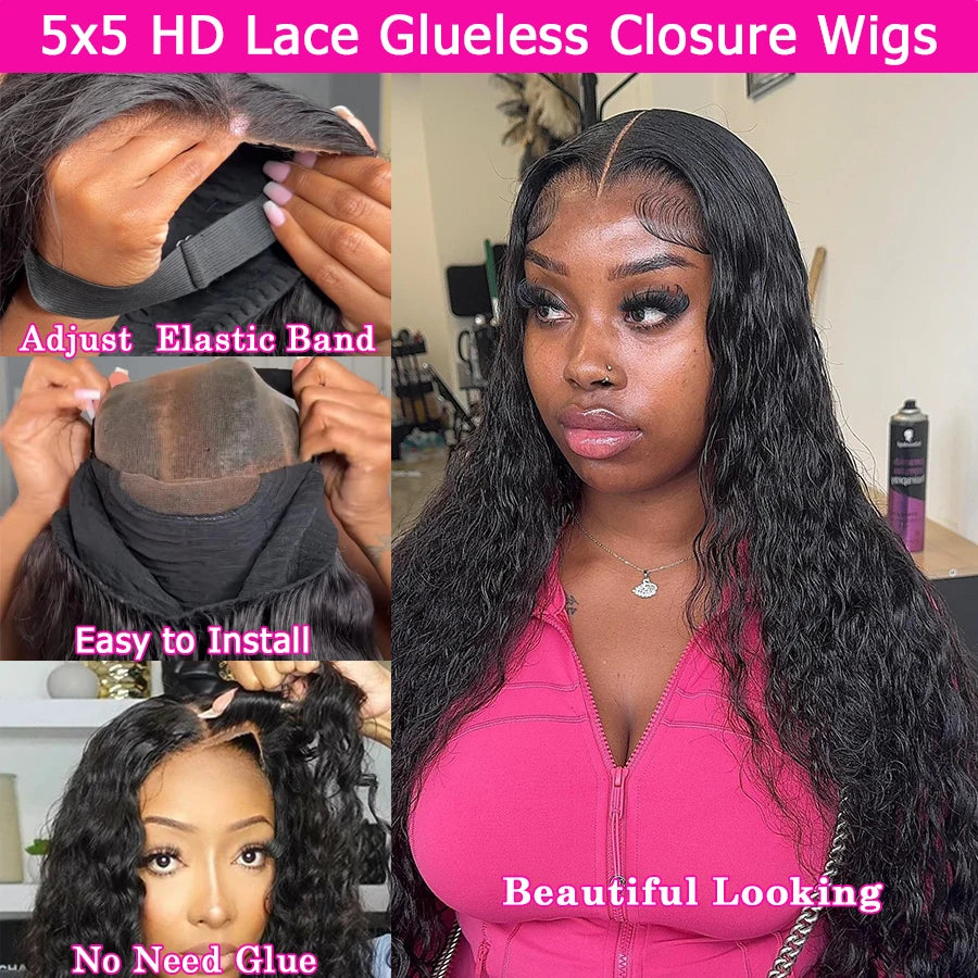 34In Natural Wave Glueless Wigs Pre Cut 5x5 HD Lace Closure Wigs Human Hair Skinlike HD Lace Curly Wigs Pre Bleached For Women