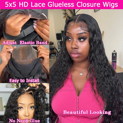 34In Natural Wave Glueless Wigs Pre Cut 5x5 HD Lace Closure Wigs Human Hair Skinlike HD Lace Curly Wigs Pre Bleached For Women