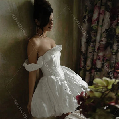 Strapless Taffeta Short Wedding Dress With Detachable Sleeves A Line Knee Length Mini Bridal Party Dress TSWD719