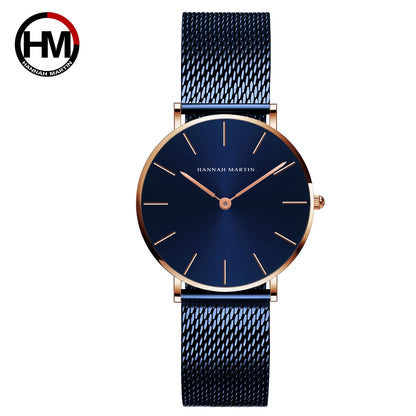 Women's Watch Hannah Martin Brand Stainless Steel Mesh Strap 36mm Silver Minimalist Dial Japanese Quartz Movement 6.9mm Slim Clock 3Bar Life Waterproof Local Fast Shipping Women Watch