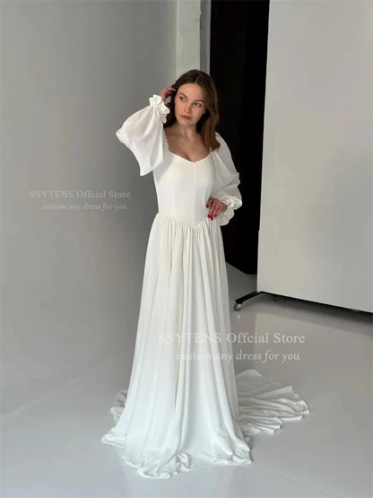 SSYTENS Customized Simple Beach Wedding Dresses Strapless Long Sleeves Bridal Gowns Formal Ceremony Prom Party Wear for Brides
