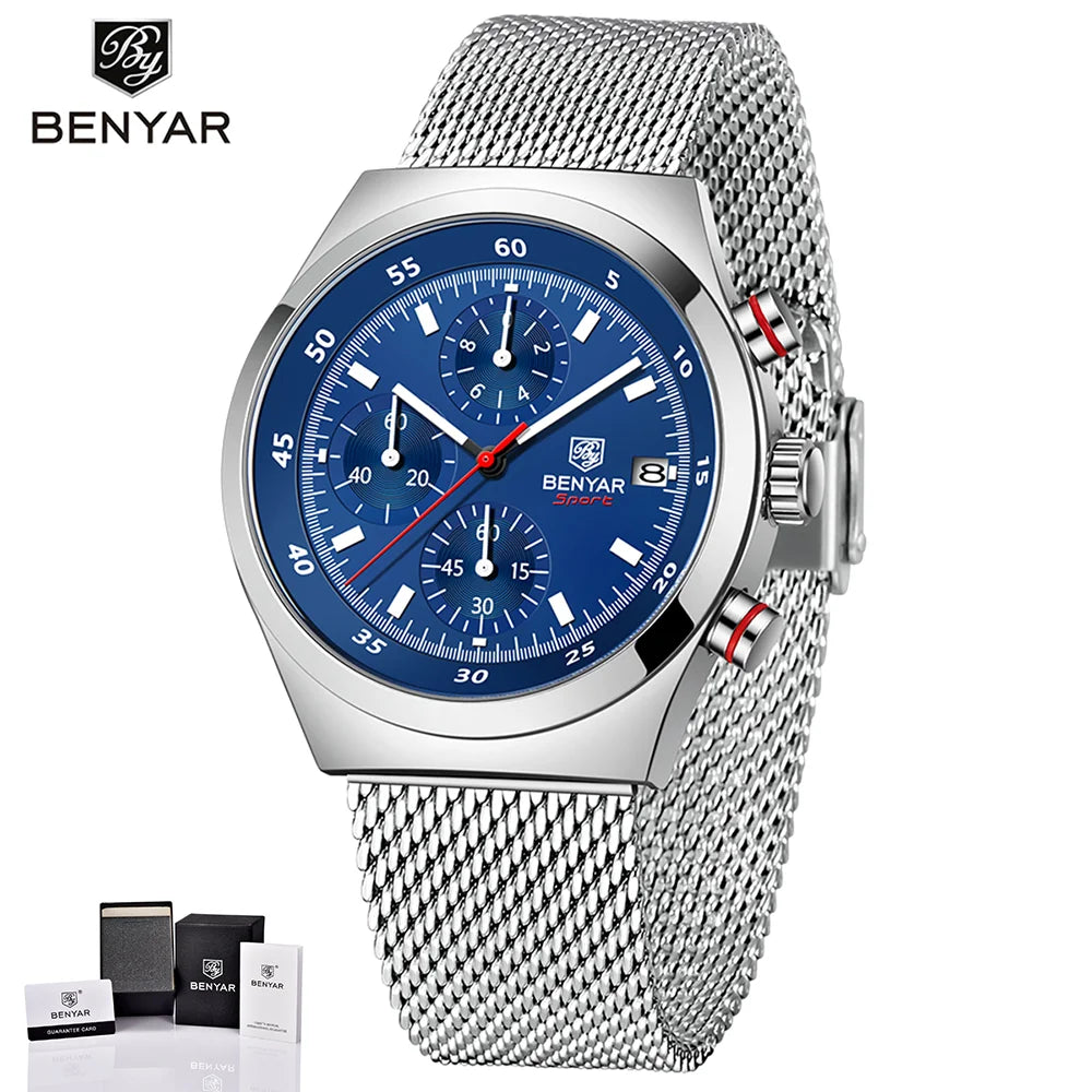 BENYAR Top Luxury Brand Men's Business Leisure Watch Mesh Band Quartz Timing Men's Watch 30 Meter Waterproof