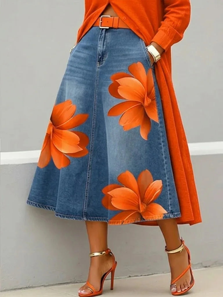 Denim Skirts Women Mid Length Skirt A Line Floral Print Pockets Elegant Splice Y2k Streetwear Work Beach Casual Washed Summer
