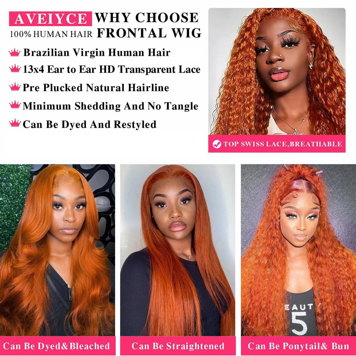 Ginger Deep Wave Lace Front Wigs Human Hair 30 Inch Wigs Human Hair 13x4 250% Density HD Lace Front Wigs Human Hair Black Women