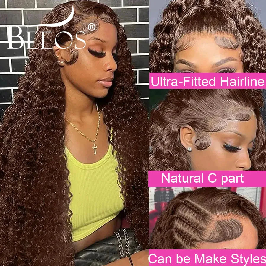 Ultra Fitted Dark Brown 13X6 HD Transparent Lace Full Frontal Wigs Human Hair Water Wave Colored Curly Wigs 100% Human Hair Remy
