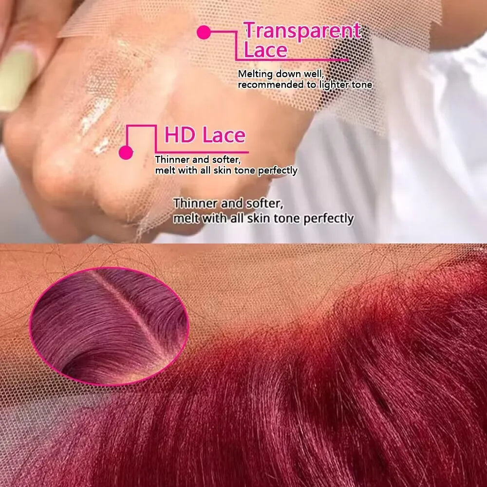 13x4 HD Lace Front Wigs 200 Density Preplucked Prebleached 99J Burgundy Colored 8-14 InchStraight Short Bob Human Hair Wigs