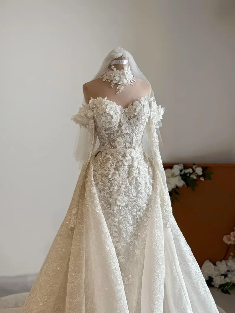 New Luxury Detachable Wedding Dress Off Shoulder 3D Floral Lace Beaded Mermaid Bridal Gown For Bride Formal Party Customize
