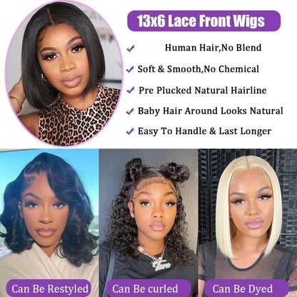 No Glue Straight Short Bob Wig Brazilian HD Transparent 5x5 Glueless Human Hair Wigs 13x4 13x6 Straight Lace Front Wig For Women