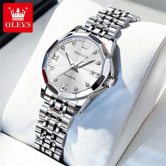 OLEVS Women's Watches Trend Elegant Sparkling Shining Diamond Scale Original Automatic Mechanical Wristwatch for Lady Waterproof