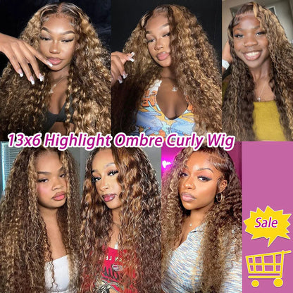 36 Inch Deep Wave P4/27 Highlight Ombre 13x6 13x4 HD Transparent Lace Front Wigs Curly Lace Frontal Wigs for Women Pre Plucked