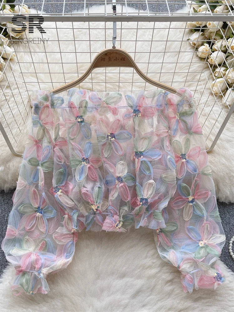 Women's Sheer Tulle Blouse with 3D Floral Appliques Long Puff Sleeves, Sequin Embellished, Transparent Mesh Top