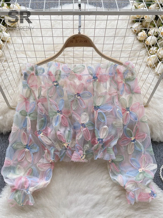 Women's Sheer Tulle Blouse with 3D Floral Appliques Long Puff Sleeves, Sequin Embellished, Transparent Mesh Top