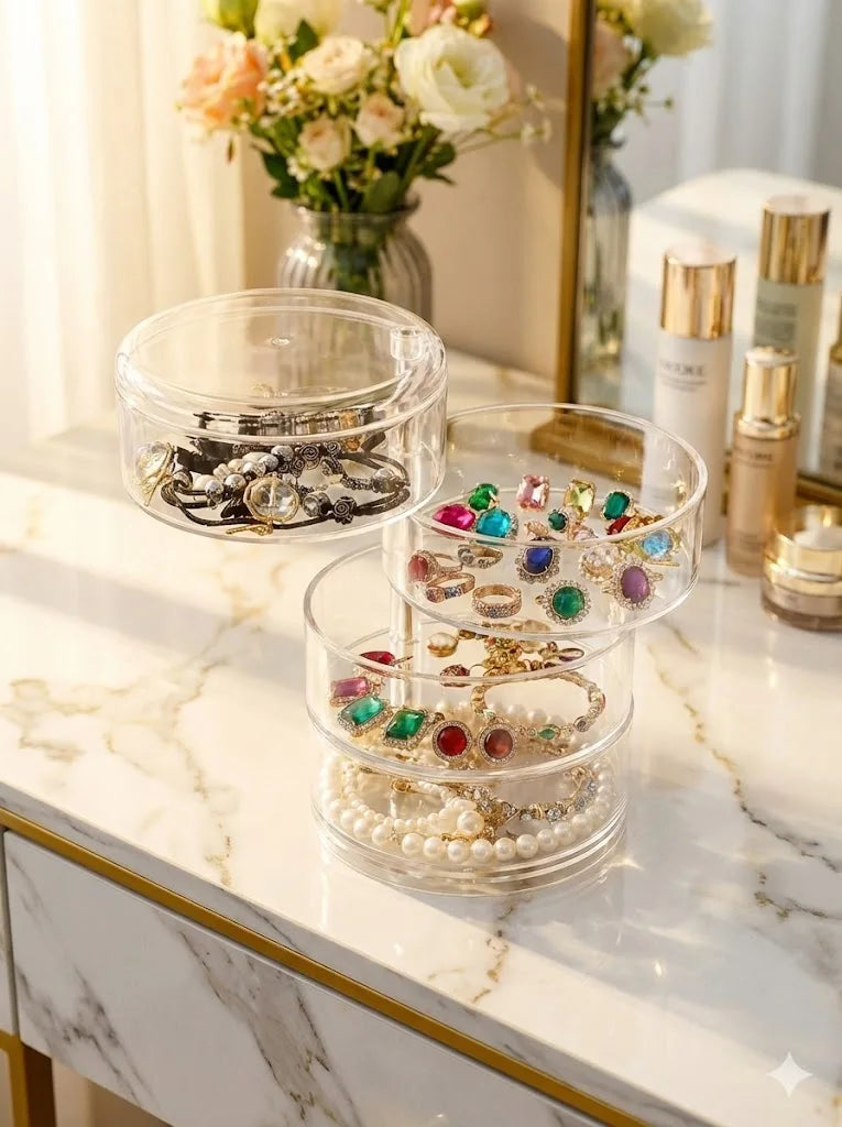 360 Rotating Jewelry Organizer Clear Plastic Storage Box Compact Multi-Layer Earring Ring Holder Dustproof Desktop Display Case
