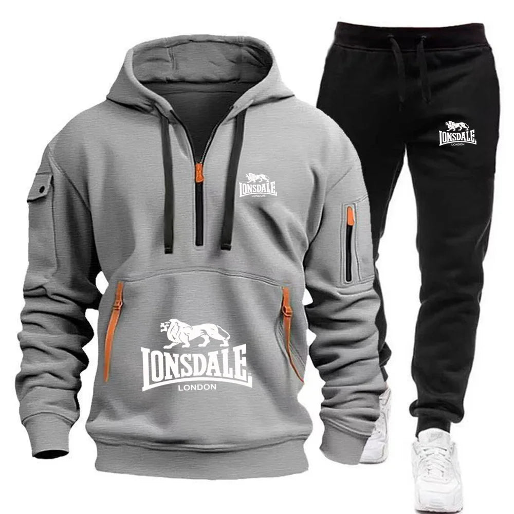LONSDALE Men's Kangaroo Pocket Hoodie Set 2026 New Autumn Winter Fleece Sweatshirt + Sports Pants 2 Piece Tracksuit Casual Fitne