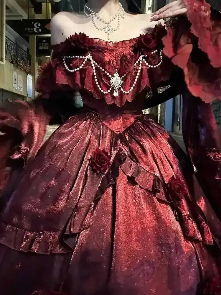 Beauty Princess Dress Red Lolita Skirt Long Dress Elegant Lolita Outfit Heavy Industry Skrit Flower Red Dress Red Passion Dress