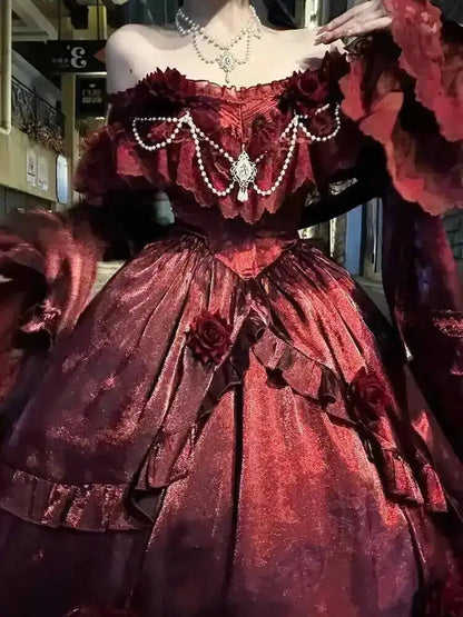 Beauty Princess Dress Red Lolita Skirt Long Dress Elegant Lolita Outfit Heavy Industry Skrit Flower Red Dress Red Passion Dress
