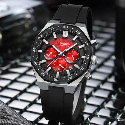 CURREN Fashion Casual Men Sports Watch Chronograph Silicone Belt Auto Date Dial Quartz Wristwatch Male Reloj Relogio Masculino