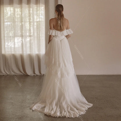 Romantic Lace And Tulle Wedding Dress A Line Off The Shoulder Sweep Train Elegant Bridal Gown Customized