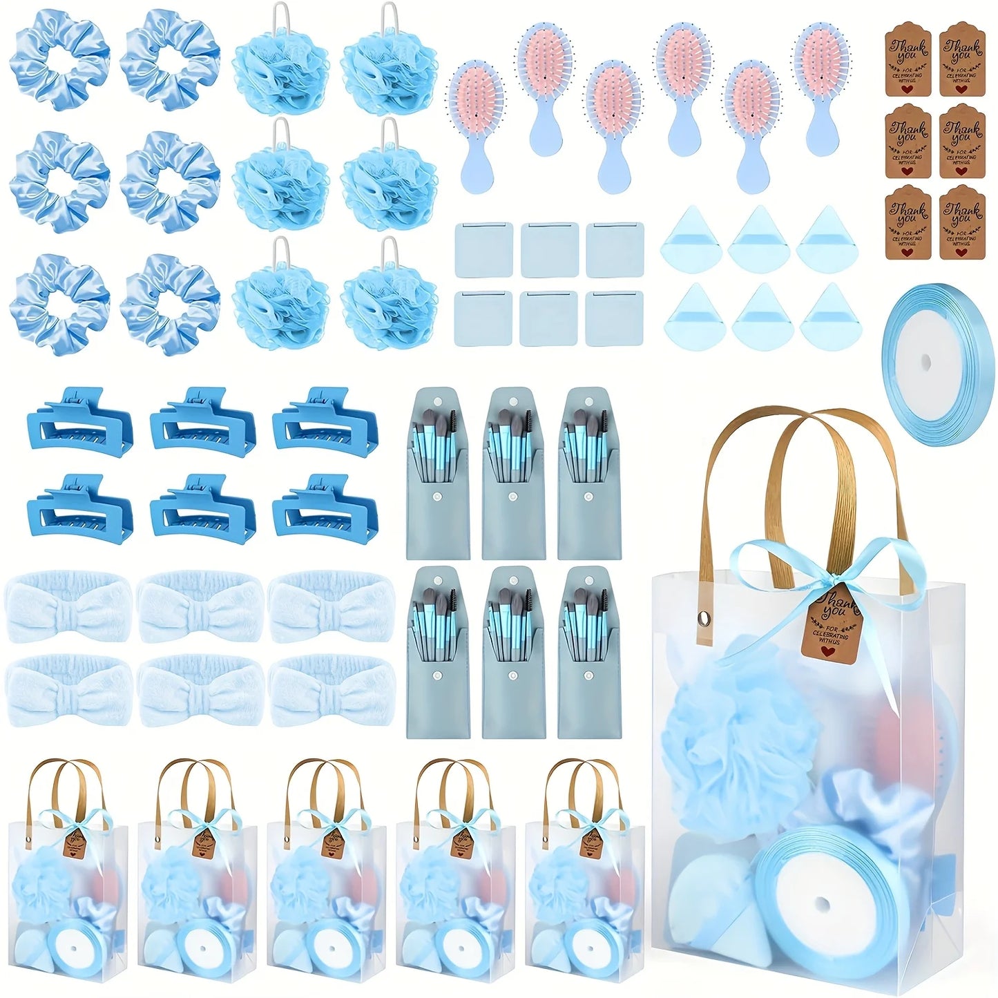 6Sets Shower Prizes For Winners Gifts Shower Favors Including Headband Hair Brush Compact Mirror Bath Sponges Powder Puff Hair Tie Claw Makeup Brushes Gift Bag Bridal Shower, Christmas Gift Set