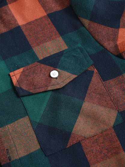 Men's Retro Orange Green Plaid Flannel Shirt Spring Fall Loose Casual Button-Down Jacket