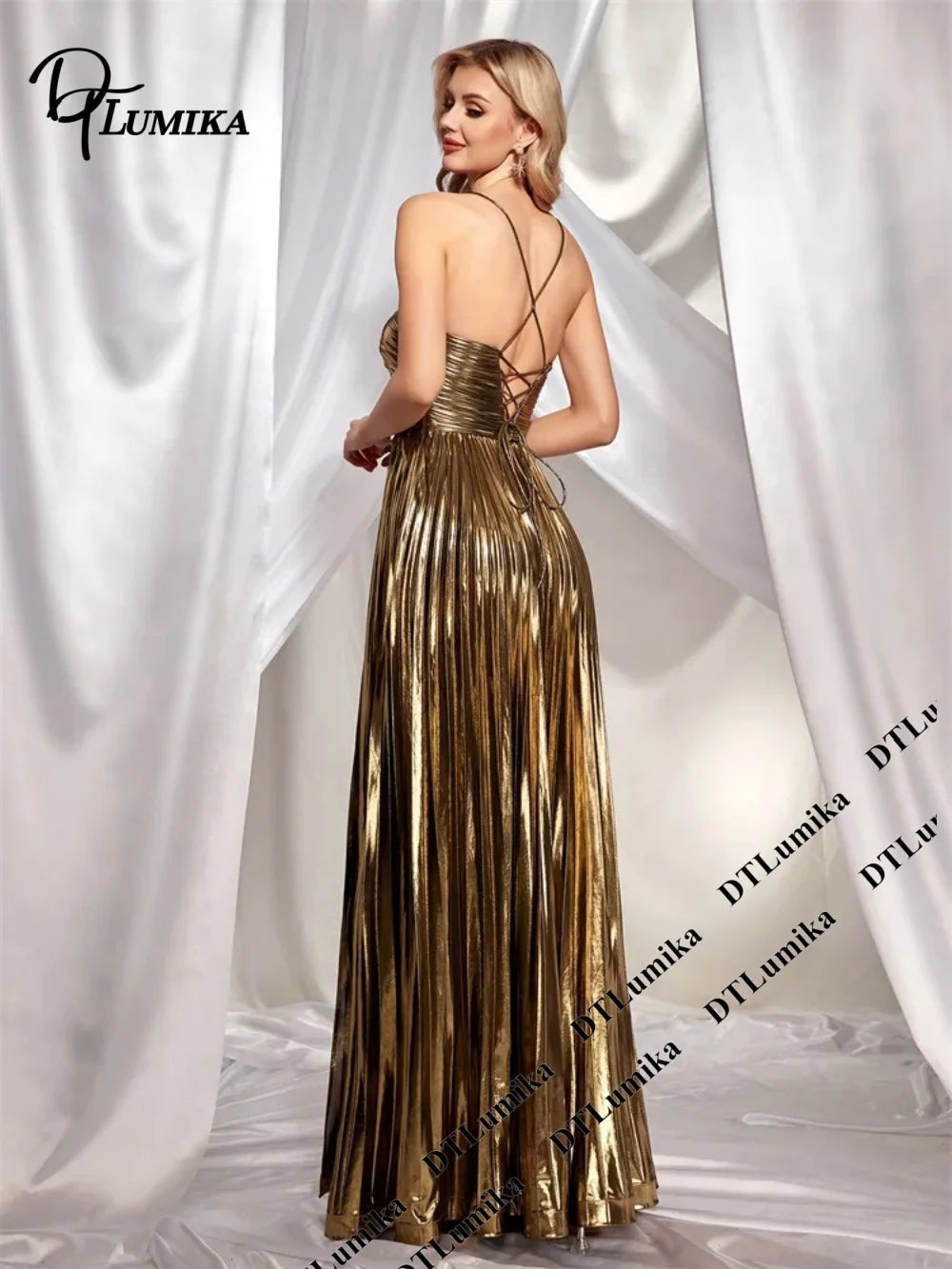 DTLumika Metallic Gold Pleated Maxi Party Gown with Brilliant Reflective Finish Long Evening Dresses Halter Cocktail Dinner Gown