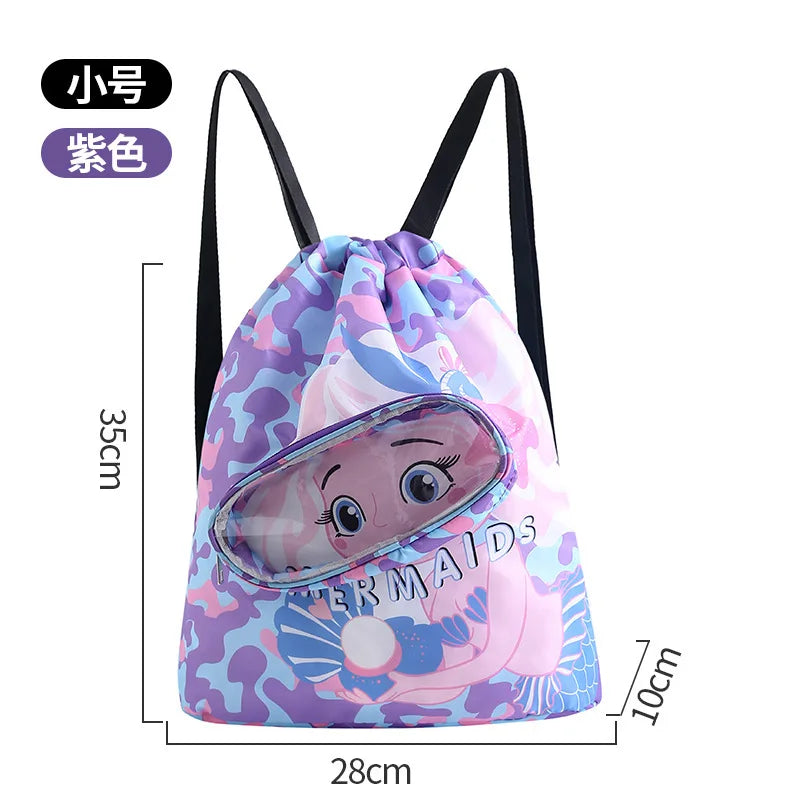 Portable Kids Swimming Bag Waterproof Dry Wet Separation Backpack with Cartoon Print, Essential Organizer for Children's Sports