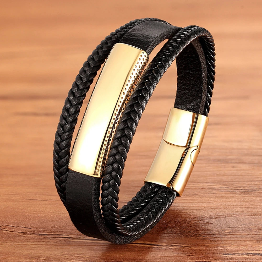 XQNI Luxury Vintage Multilayer Leather Men Bracelet Bead Bracelet Stainless Steel Charm Jewelry Male Wrist Bangle Birthday Gift