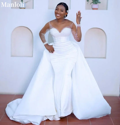 African White Mermaid Wedding Dress Sexy Transparent Illusion Long Sleeve Bridal Dress Beaded Pleat Detachable Tail Customized