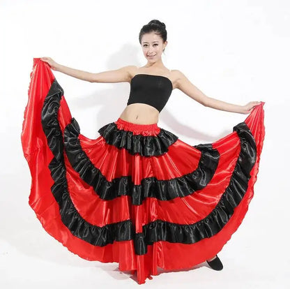 Skirt Gypsy Woman Spanish Flamenco Polyester Satin Smooth Big Swing Carnival Party Ballroom Belly Dance Costumes Dress