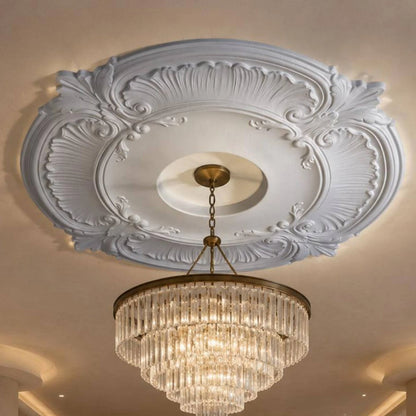 Round PU Ceiling Medallion Scroll Decorative Ceiling Medallion Light Plate Lightweight Trim Collar Easy to Install